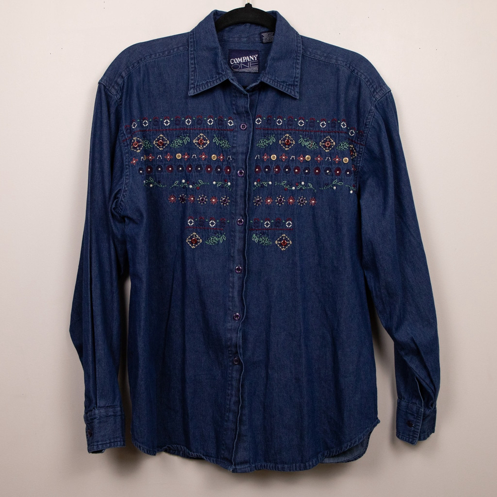 90s Company One floral embroidery chambray button down shirt-M